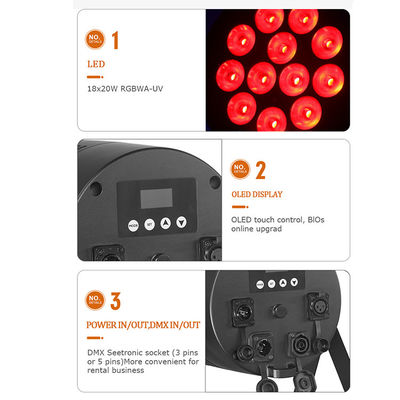 야외 무대 조명 IP65 방수 18x20W LED Par RGBWA+UV 6 in 1 DMX512 웨딩 파티 디스코 이벤트 건물 정면을위한 세탁 조명