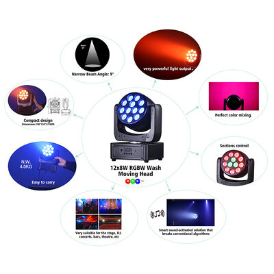 12x8W RGBW 4in1 LED 무빙 헤드 DJ 조명 DMX512 9° 빔 워시 무대 조명 (무대, 나이트클럽, KTV, 웨딩 공연용)