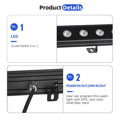 2x24W RGBW 4-in-1 IP65 야외 LED 선형 벽 세척기 DMX512 건물, 다리 및 풍경용 방수 세척등